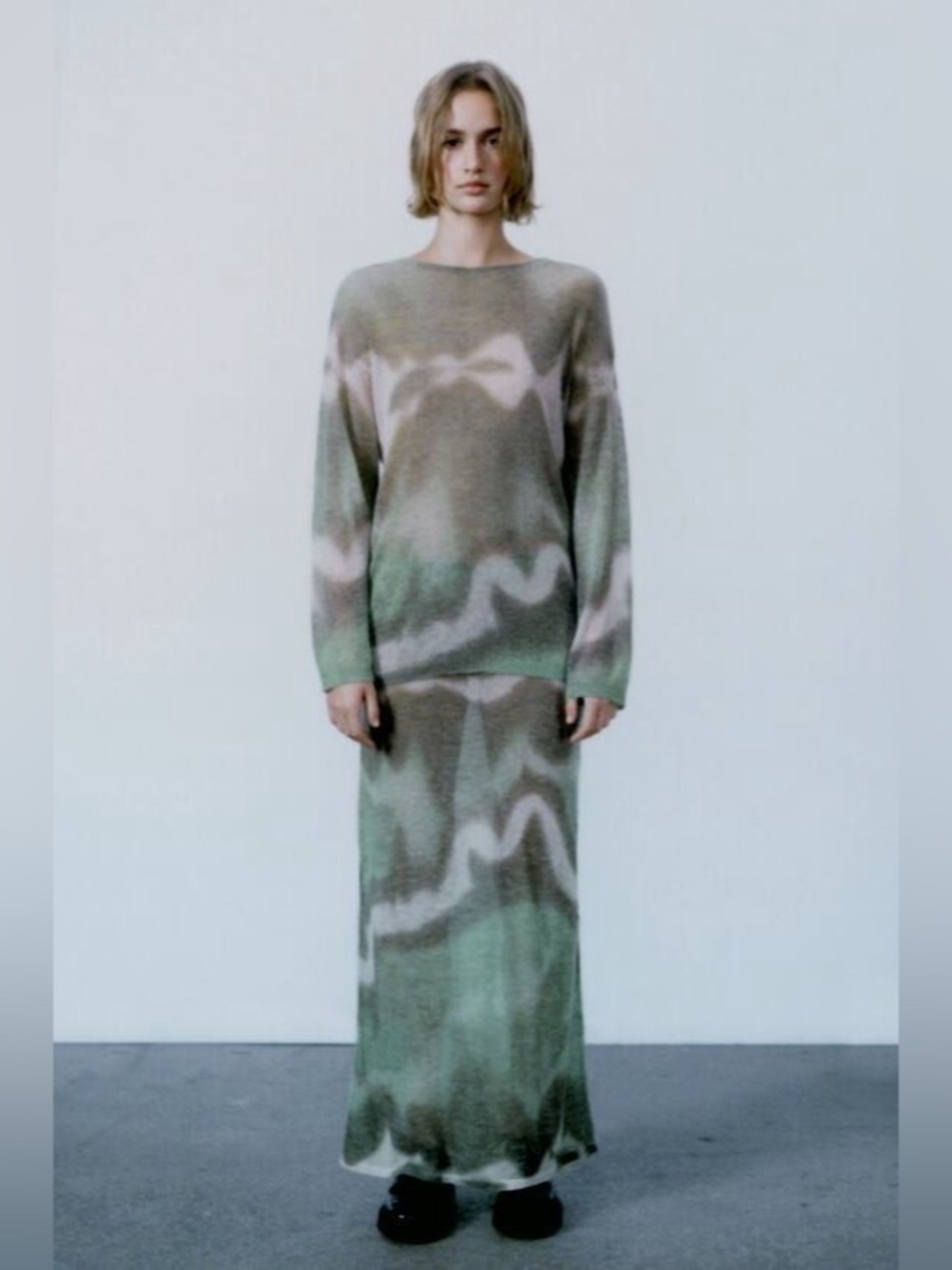 Zara Knit Tie-Dye Sweater and Skirt Set Green & Brown Medium